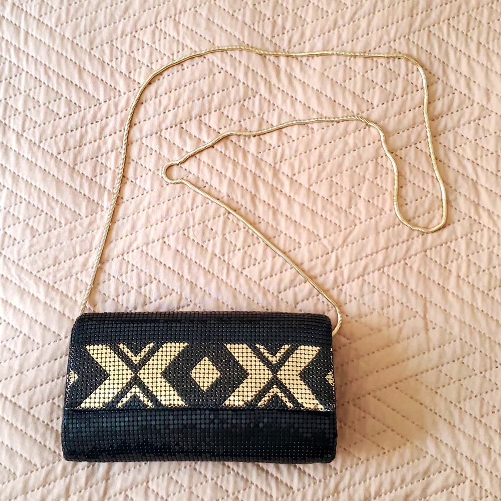 NWT Whiting & Davis gold and black mesh clutch with gold strap